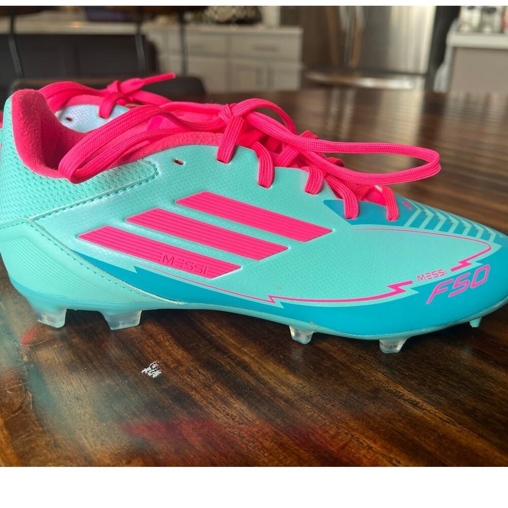 NWT Kids Adidas F50 League Messi FG/MG Soccer Cleats, Size 5.5. Blue/Pink - Picture 4 of 10